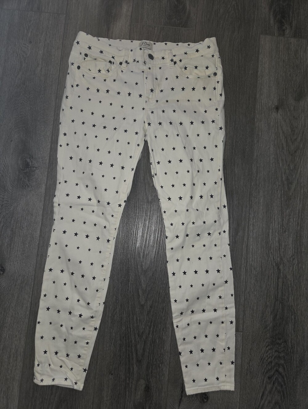 Womens J. Crew White Toothpick Skinny Jeans with Navy Star Print Size 28